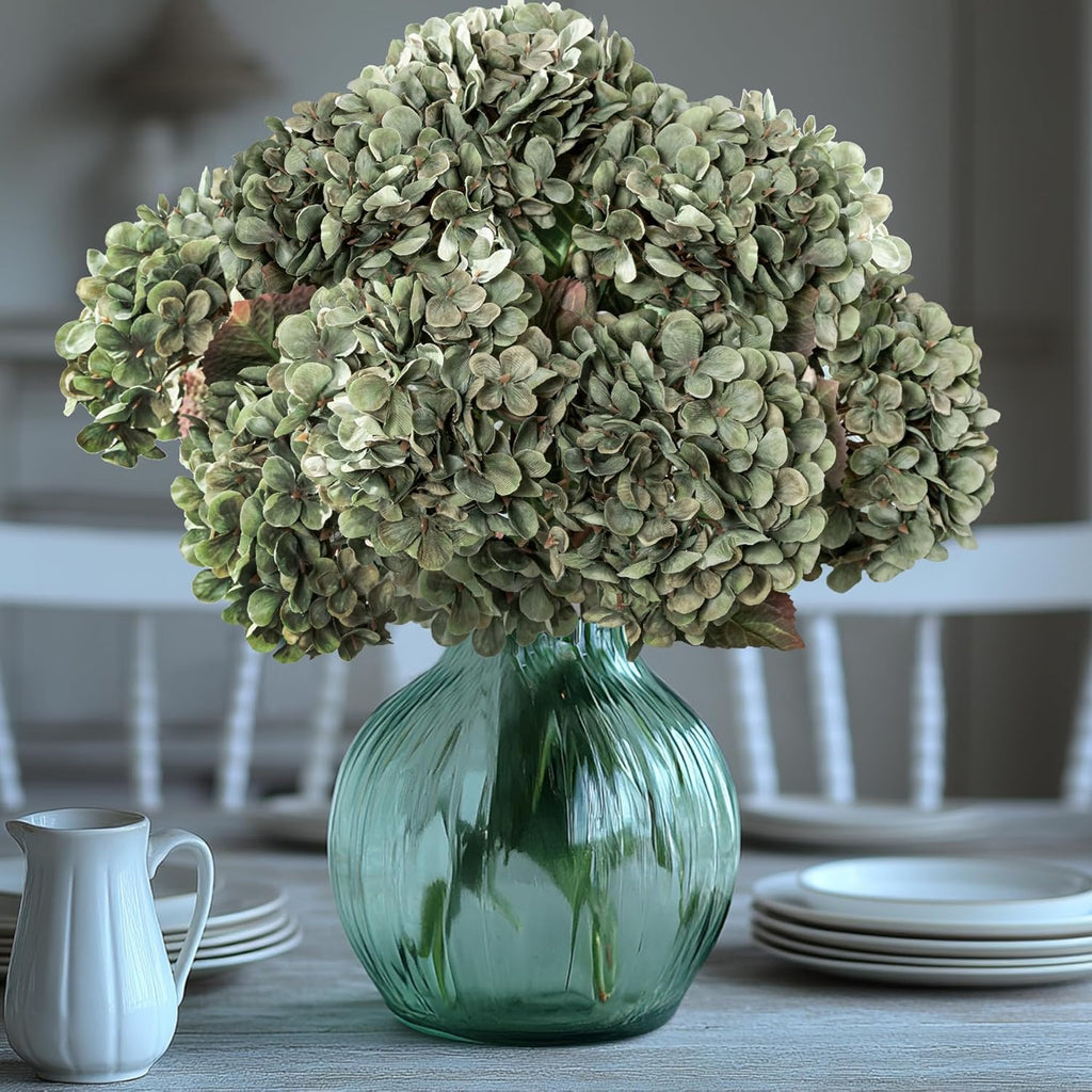 Hydrangea Artificial Flowers,Green Artificial Flower Fake Silk Hydrangea, Heads Bouquet with Stems Bulk for Fall