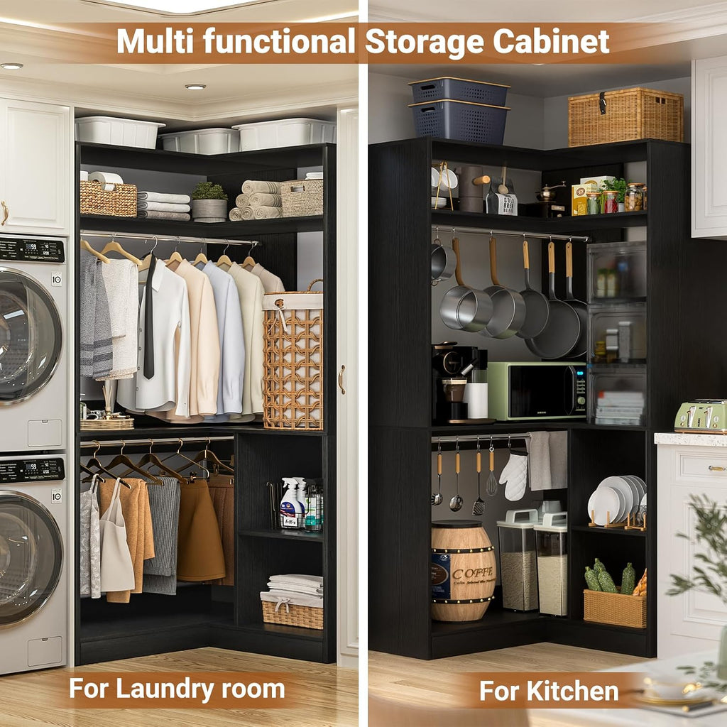 Corner Closet System with Shelves, Closet Organizer System with Hanging Rods, Wood Walk-in Closets for Corner Small