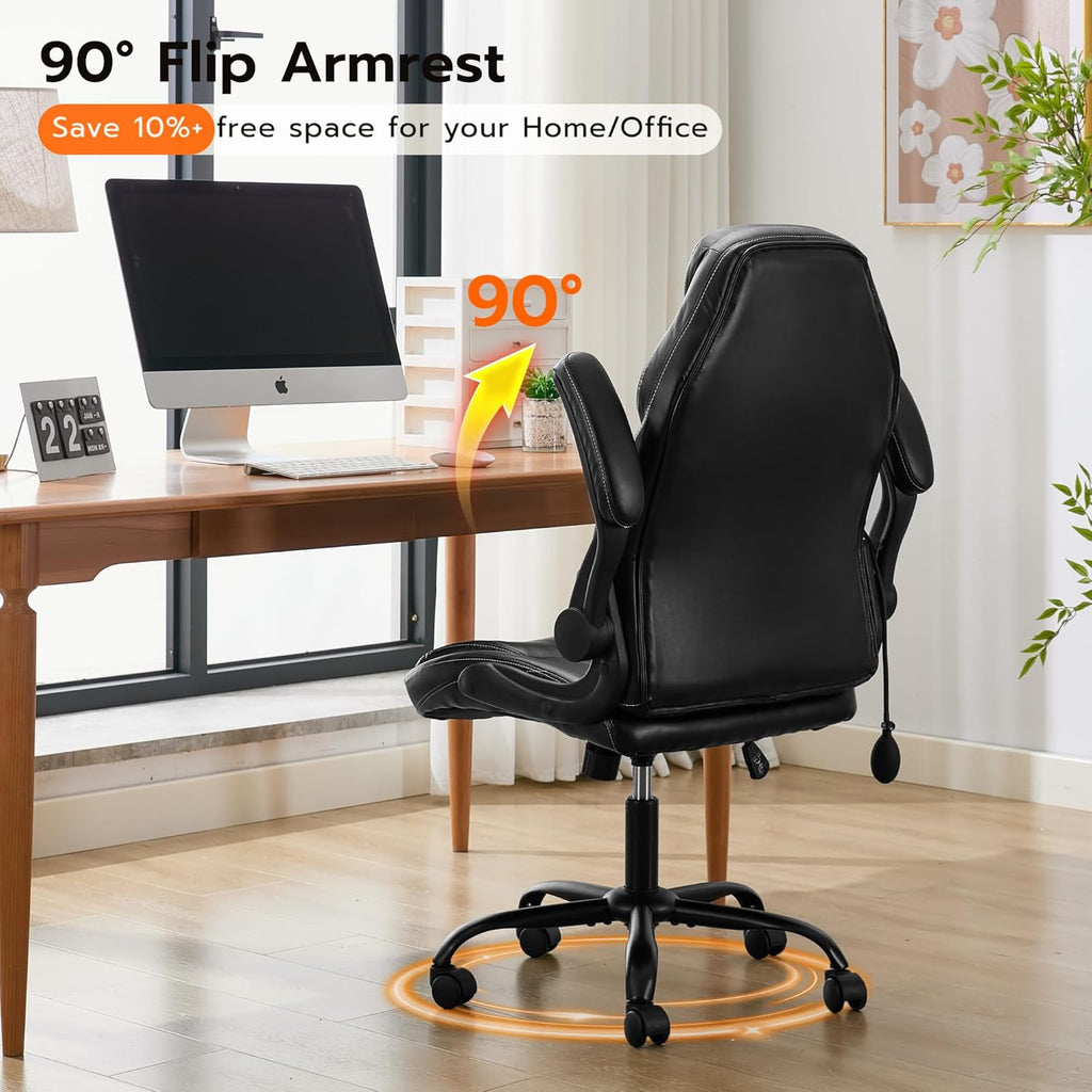 Office Desk Chair, Ergonomic Computer Chair with Padded Flip-Up Arms and Adjustable Lumbar Support, PU Leather
