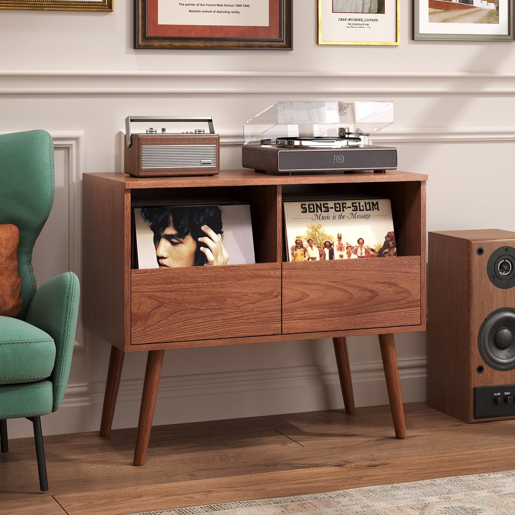 Mid Century Modern Record Player Stand with Vinyl Storage, Brown