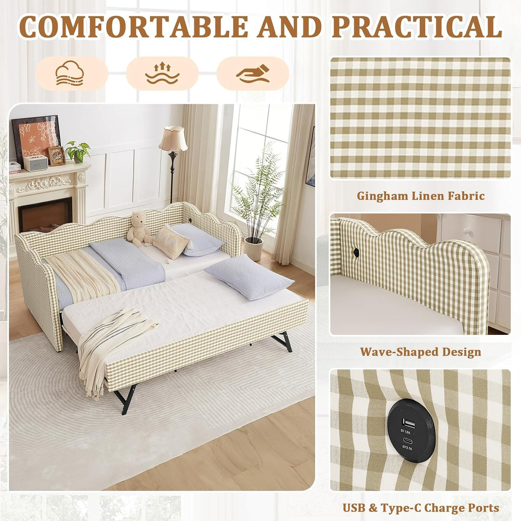 Twin Size Gingham Daybed with Trundle, Upholstered Linen Day Bed Frame with USB Ports & Wave-Shaped Backrest, Modern