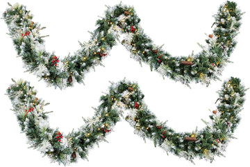 2 Pack 9 FT Snow Flocked Christmas Garland, 200 Warm Lights