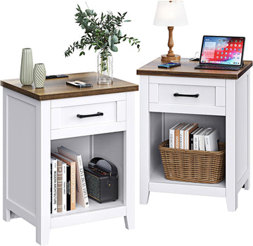 Farmhouse Nightstand with Charging Station & Large Storage, Set of 2 Modern End Tables with Outlets, USB Ports and