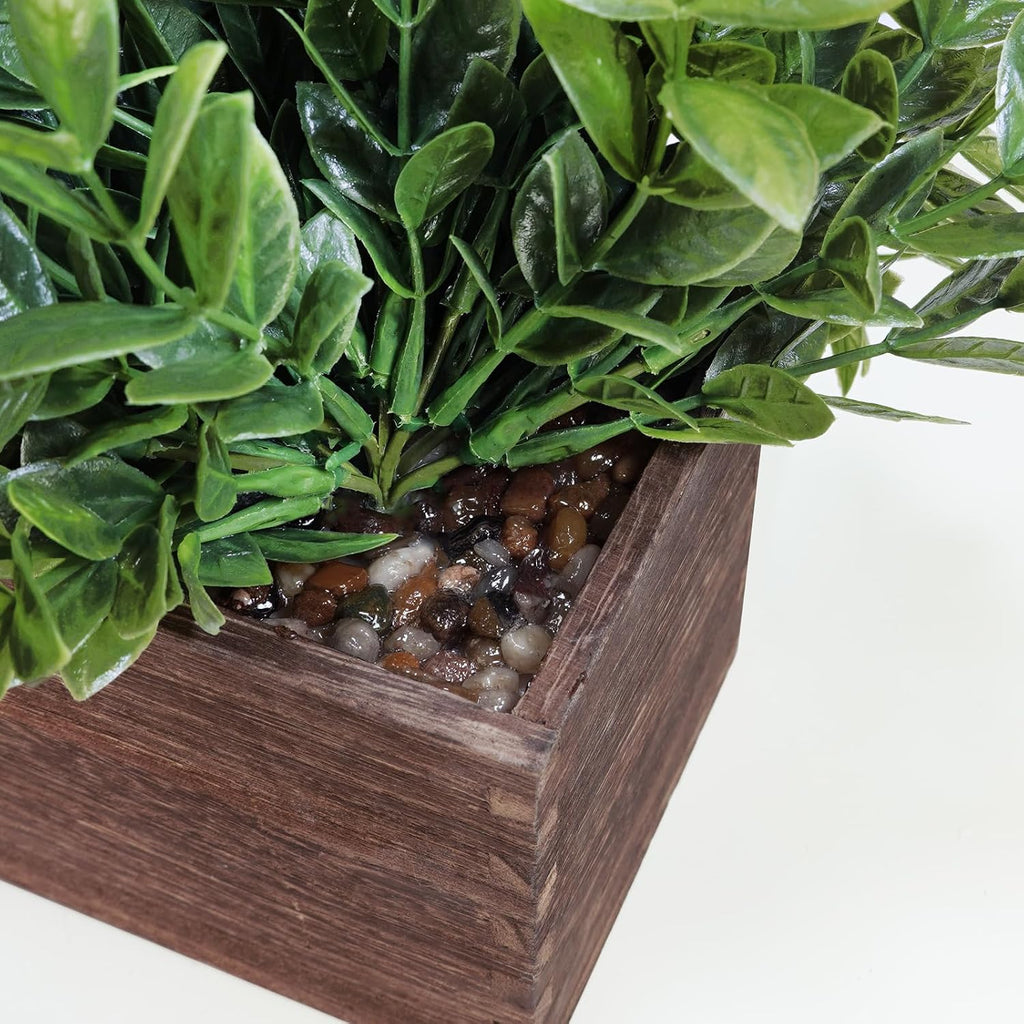 14" Artificial Boxwood Plants in Rectangular Wood Planter Farmhouse Greenery Arrangement Centerpiece Faux Potted Herb