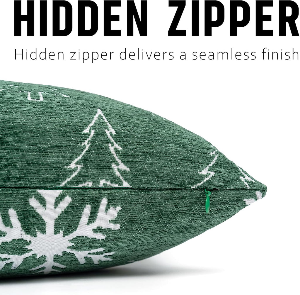 Soft Chenille Christmas Reversible Throw Pillow Covers 12x20, Holiday Double-Sided Snowflake & Tree Cushion - Set of 2
