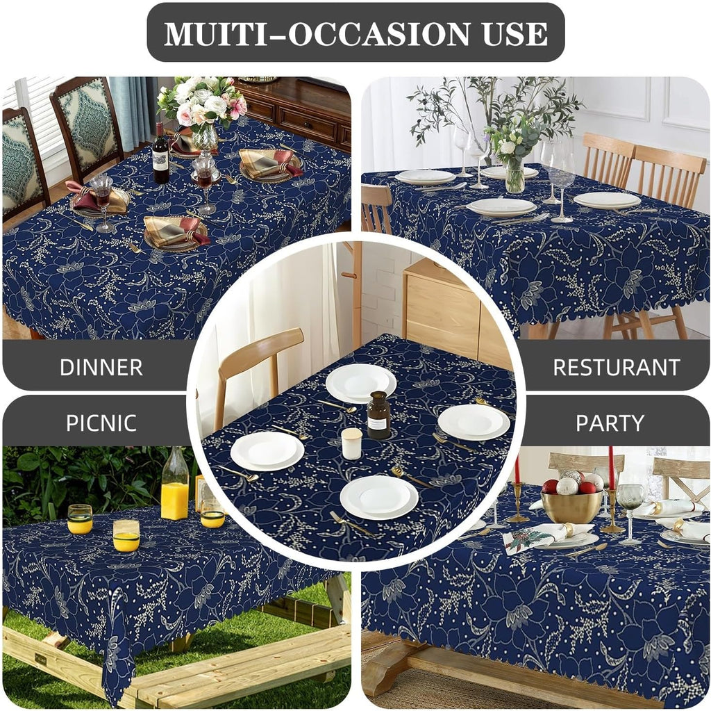 60x120 inch Jacquard Floral Tablecloth Navy Blue Flowers Line Art Pattern Rectangle Tablecloth Washa