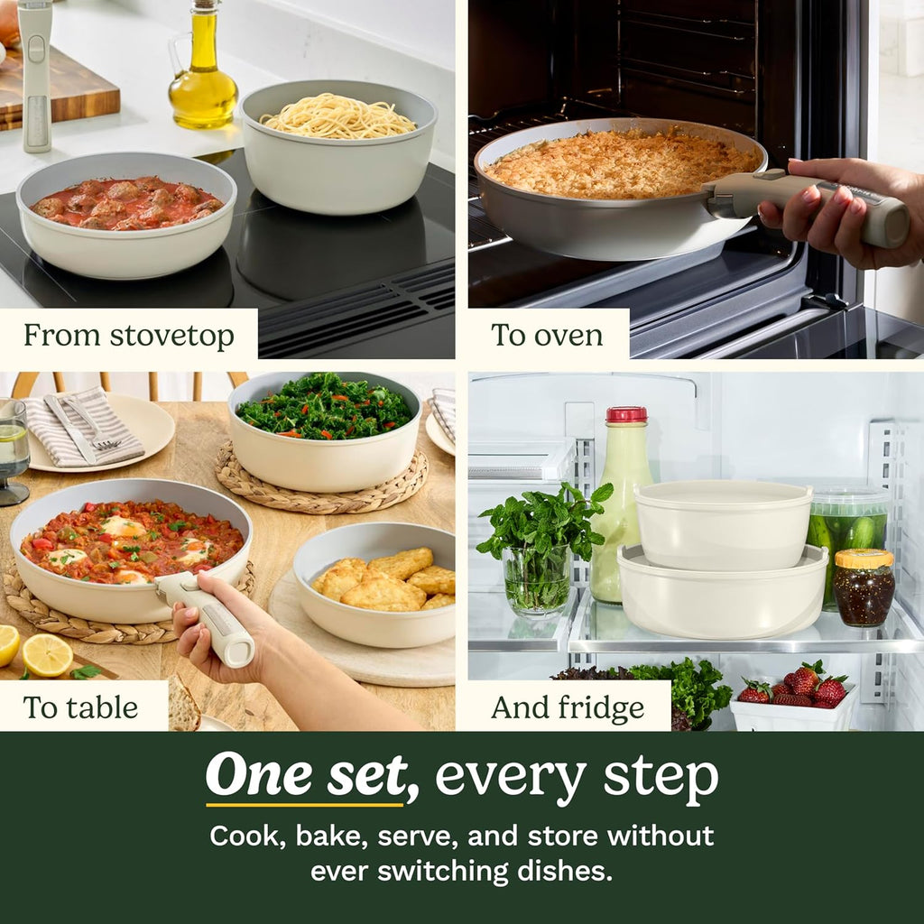 13-Pc ClickSmart Nonstick Detachable Handle Ceramic Cookware, Pots and Pans Set, Stackable Space-Saving Design