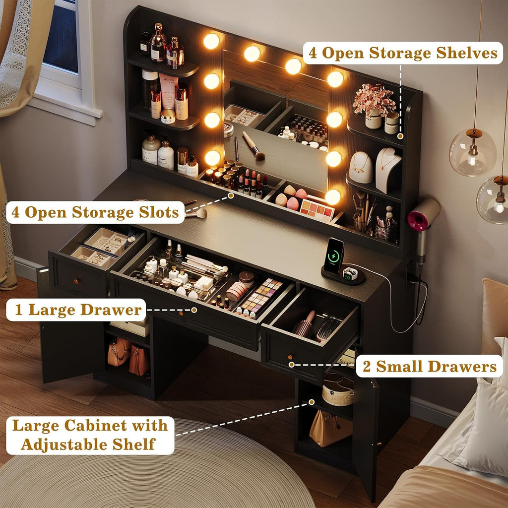 Large Vanity Desk with Mirror and Lights, Makeup Vanity with Power Outlets, 3 Drawers and 2 Large Cabinets, 3
