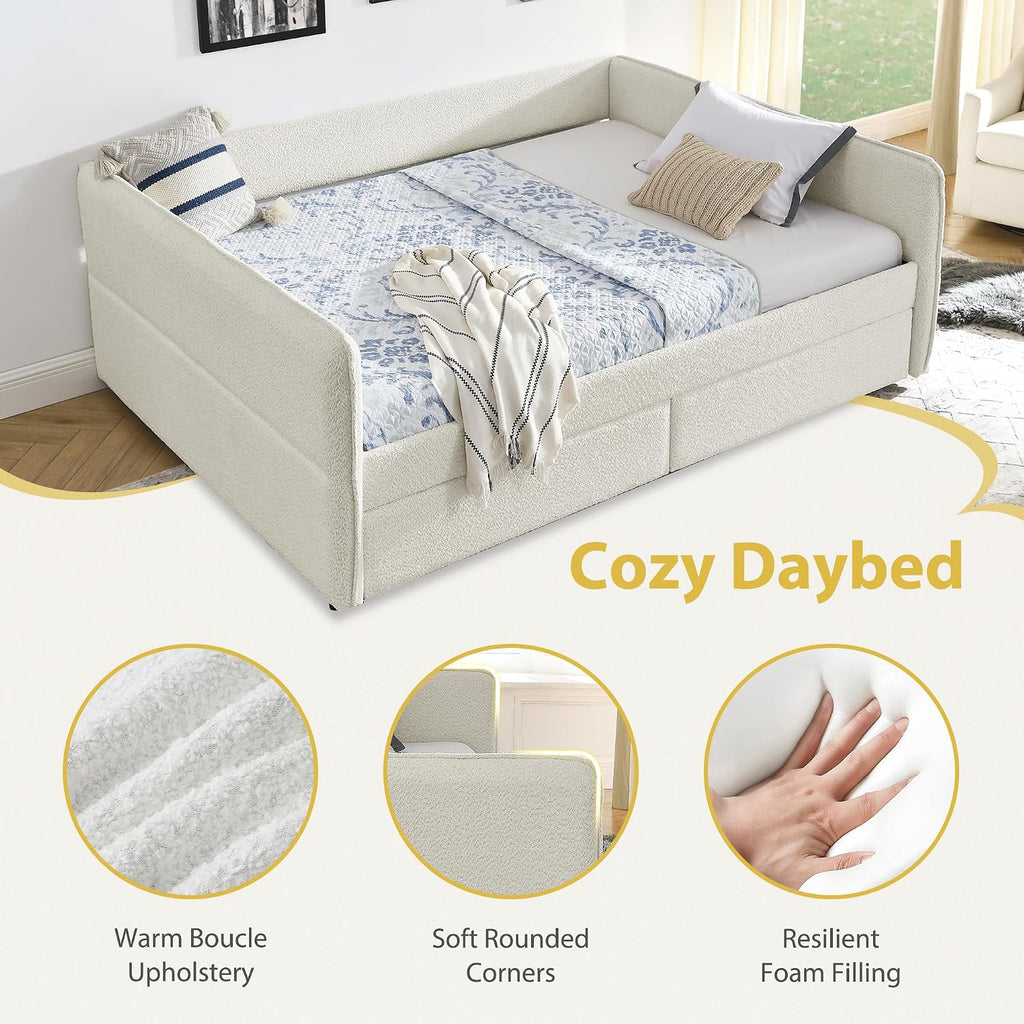 Queen Size Boucle Upholstered Daybed with 2 Storage Drawers, Soft Day Bed Living Room Apartment, Easy Assembly-Beige