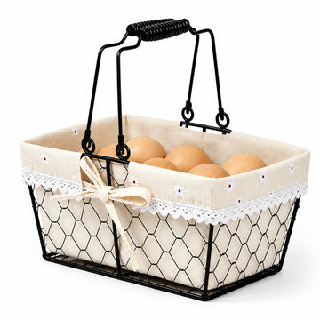 Farmhouse Vintage Metal Wire Chicken Egg Basket with Handle, Square Storage Basket with Removable Linen Liner
