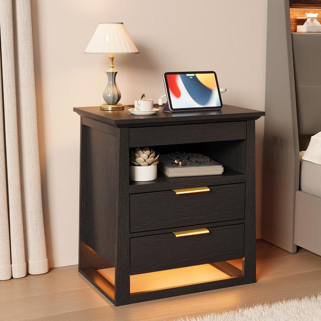 3 Drawer Nightstand with Charging Station & LED Lights & Open Shelf, Modern Night Stand with Storage, Wooden Bedside