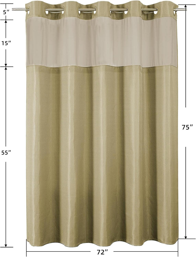 Beige No Hook Waffle Shower Curtain Set, 72" W x 75" L | Snap-In Fabric Liner, Mesh Top Window, Heavy-Duty Waffle
