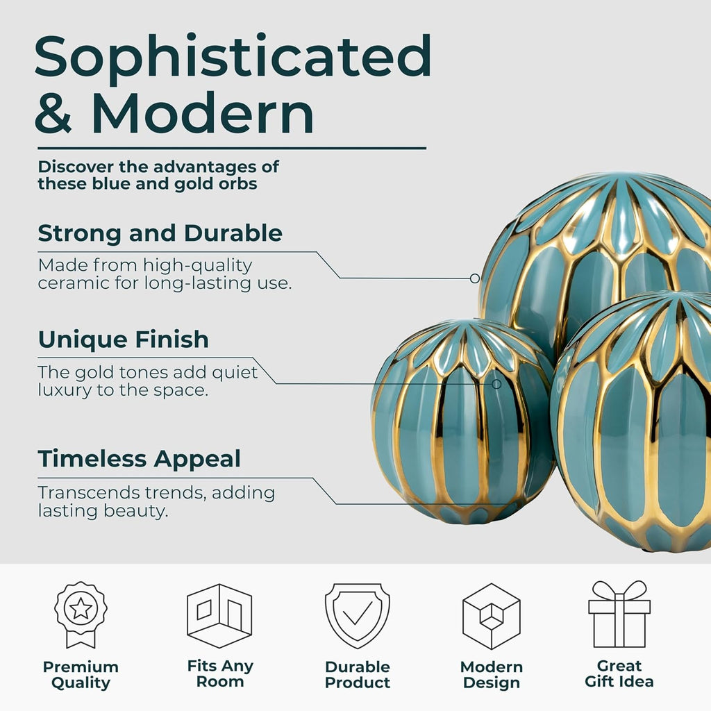 Set of 3 Blue Decorative Orbs - Stoneware & Ceramic Spheres Decor - Elegant Accent Pieces , Coffee Table & Shelves