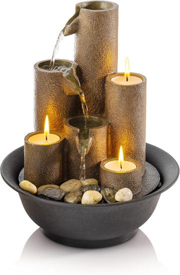 Indoor Tabletop Tiered Water Fountain Featuring 3 Candles for Desktop and Table, 11", Brown