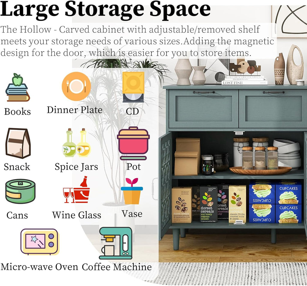Kitchen Storage Cabinet with Drawers - Accent Cabinet with Carved Door, Floor Sideboard Buffet with Storage, Small