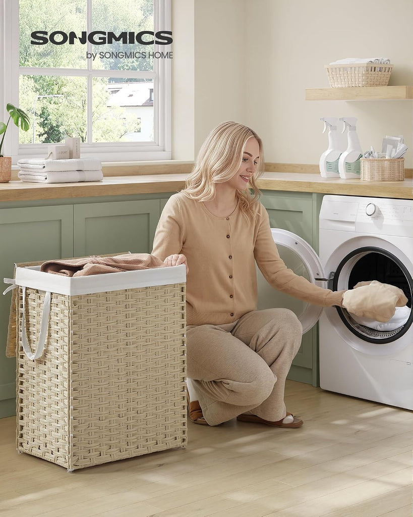 Laundry Hamper with Lid, 23.8 Gallon (90L) Synthetic Rattan Clothes Laundry Basket with Lid and Handles, Foldable