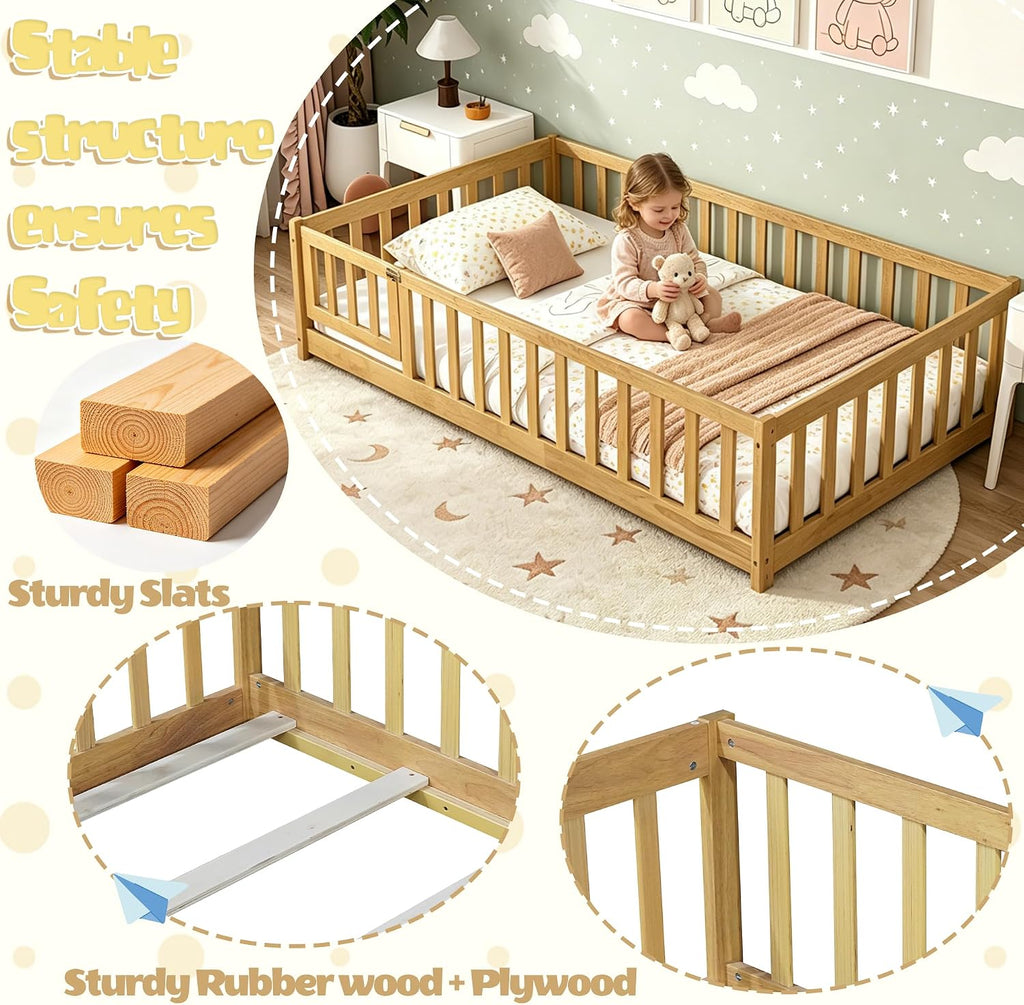 Montessori Twin Floor Bed Frame with Fence and Removable Door, Low Profile Twin Size Montessori Bed Frame for Kids