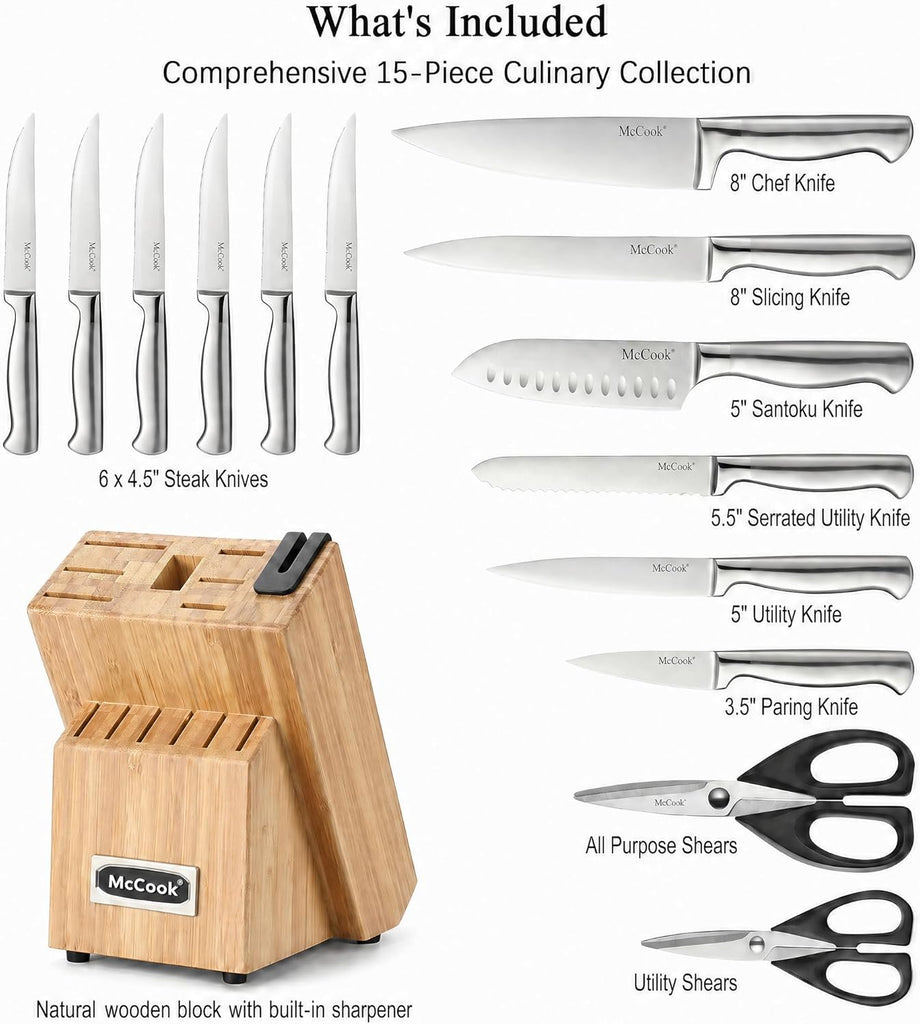 Knife Set Kitchen Steel Knife Block Set w Built-in Sharpener | German Forged Stainless Steel,15 PC,Razor