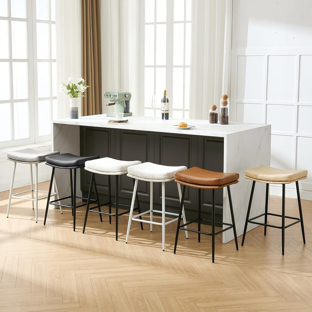 Saddle Bar Stools Set of 3,Counter Height Bar Stools Counter Farmhouse Modern Faux Leather Barstools with Upholstered