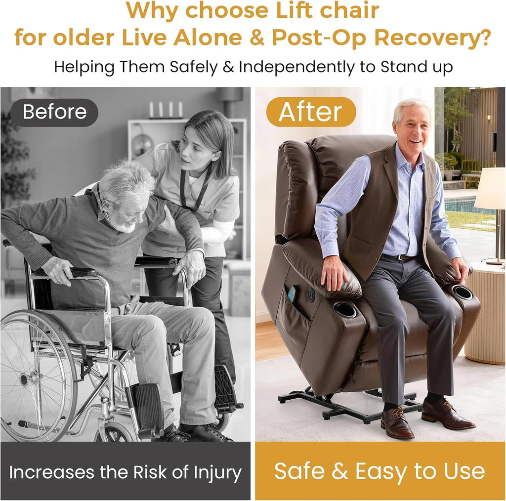 Power Lift Recliner Chair for Elderly & Seniors, Breathable Leather Electric Recliner with Vibration Massage & Lumbar