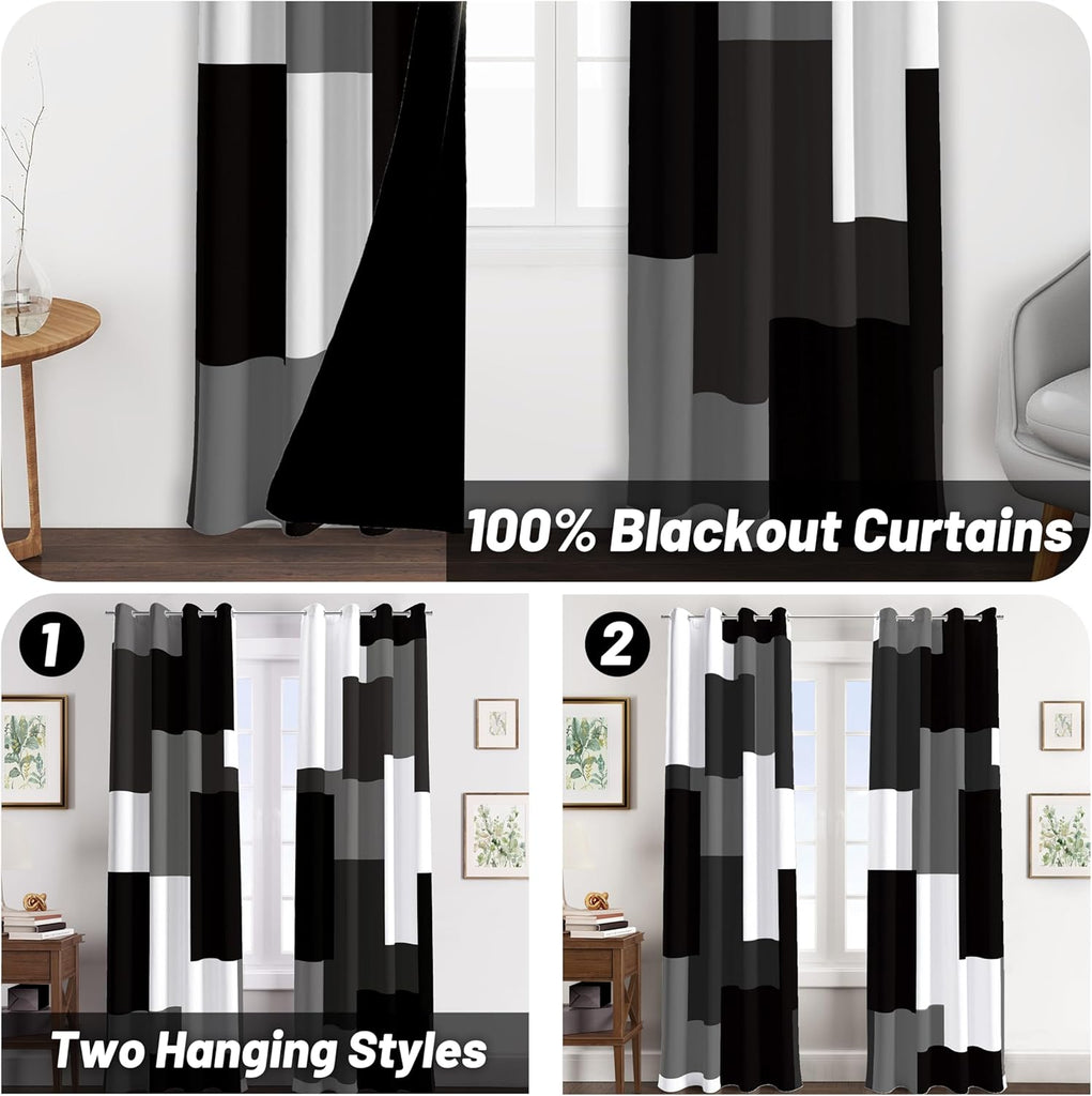 Black Grey 100% Blackout Curtains for Bedroom 2 Panels Set White Grey Modern Abstract Geometric Black