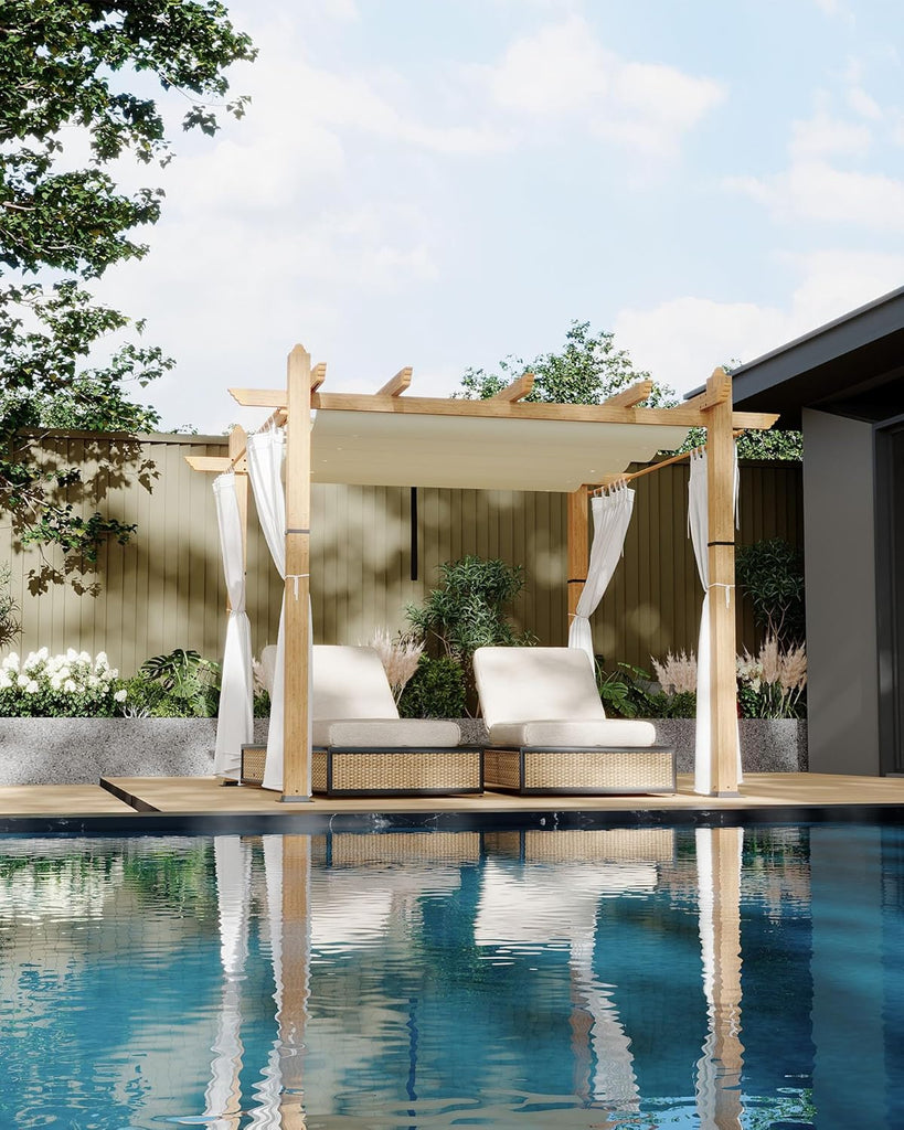 10x10 Ft Outdoor Pergola with Retractable Canopy Metal Gazebo Imitation Wood-Grain Column with Side Mesh Screen