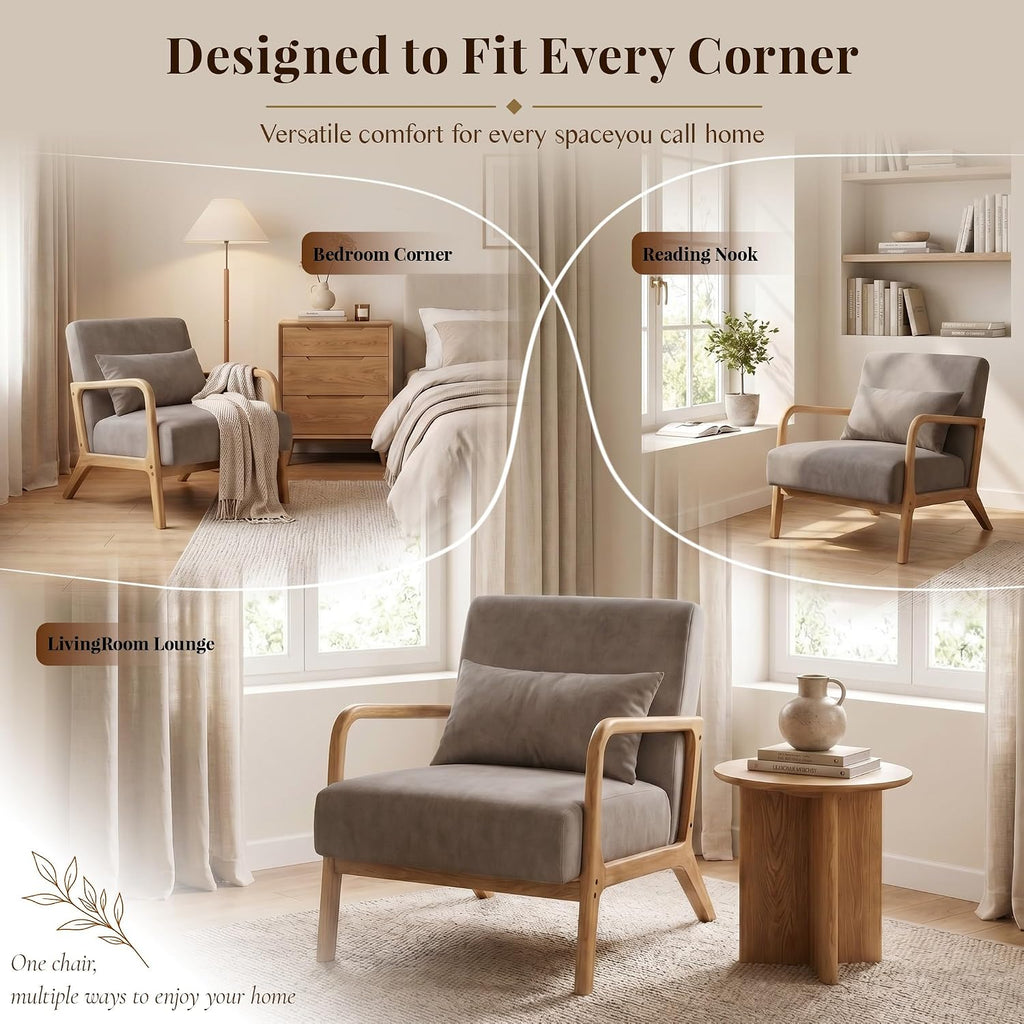 Modern Accent Chair, Taupe Knitted Fabric Upholstered Armchair with Solid Wood Frame, Comfy Reading Chair Bedroom