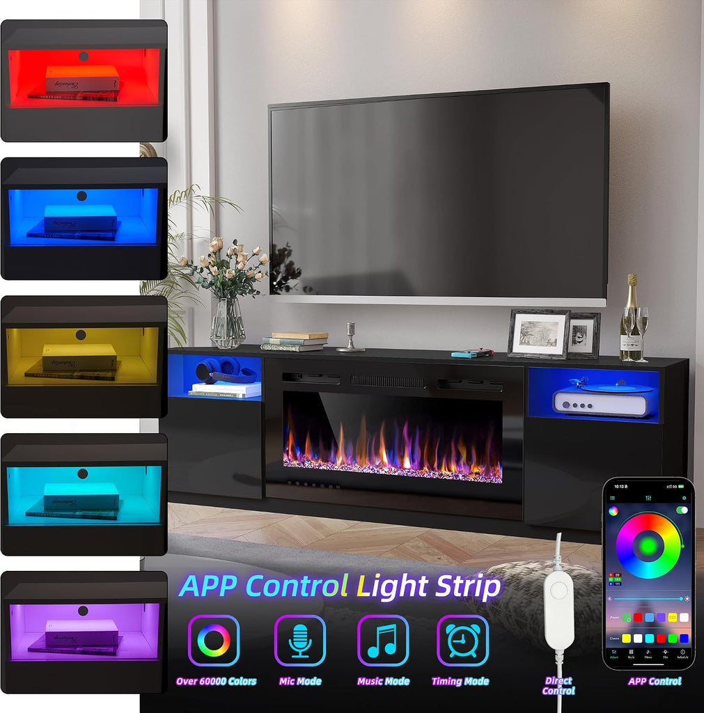 Fireplace TV Stand, LED Light Entertainment Center with 36 Electric Fireplace and Storage Cabinet, Media Console