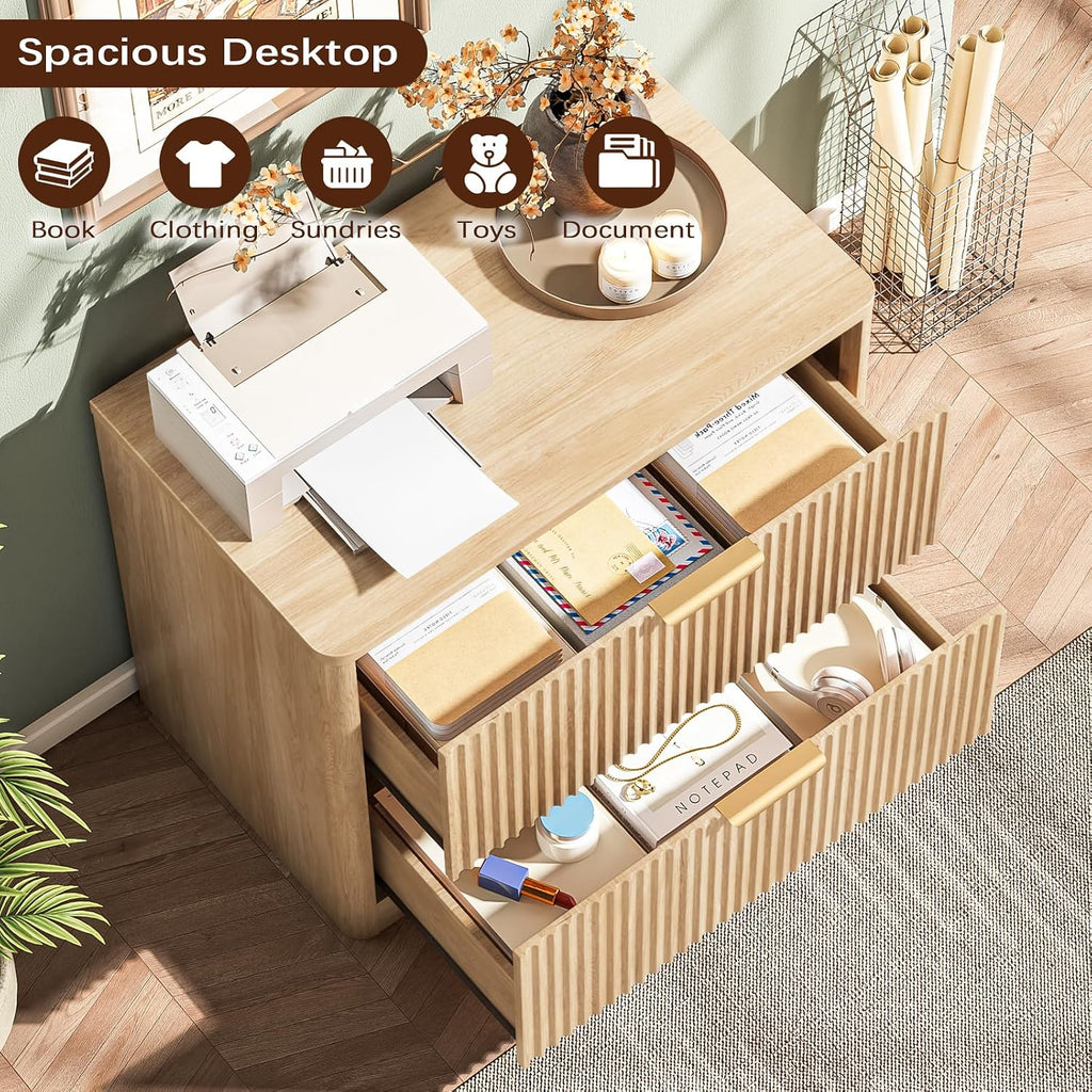 Lateral File Cabinet with 2 Drawers, Natural Oak Fluted Filing Cabinet | Fluted File Cabinet for Letter/Legal/A4 Size
