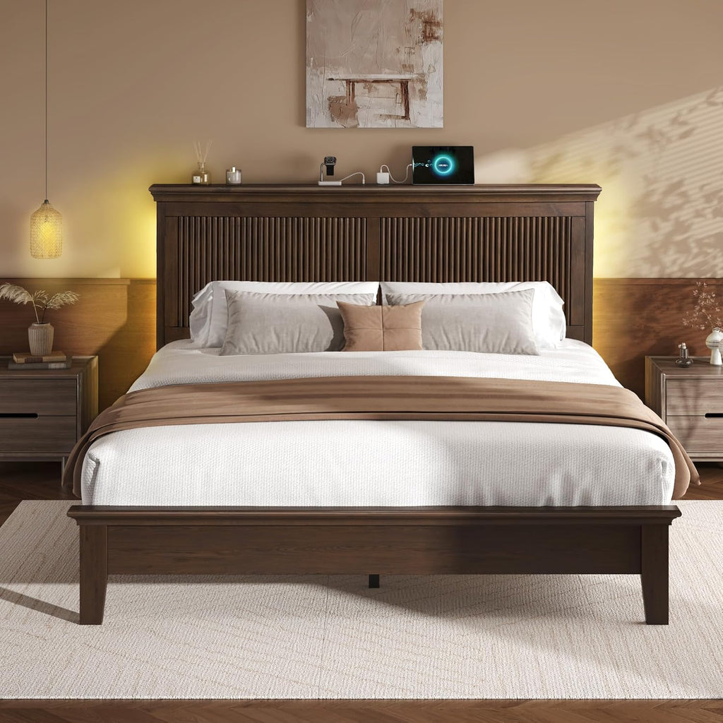 Wood Queen Bed, Solid Wood Bed With Tall Headboard, American Vintage Design, Queen Bed With Charging Station & RGB
