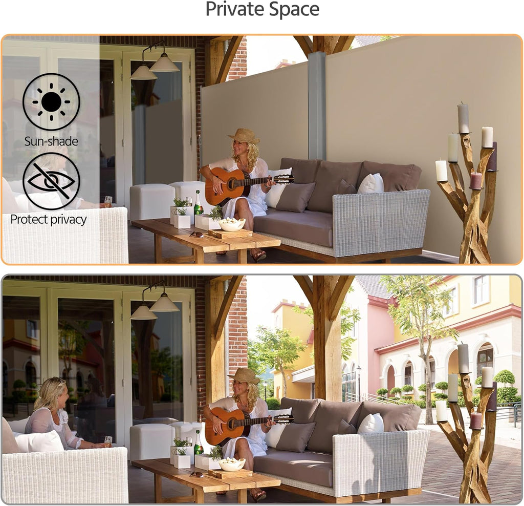 236x71in Double Retractable Side Awning Privacy Screen Beige | Dual-side retractable design, fits concrete & wood
