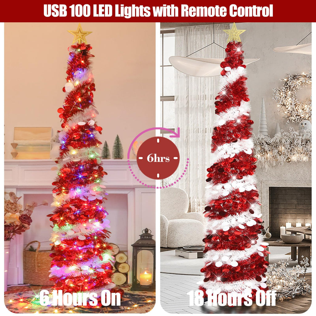 6 FT Pop Up Tinsel Christmas Tree with 100 Colored Timer Lights & Remote, Red White Collapsible Artificial Pencil