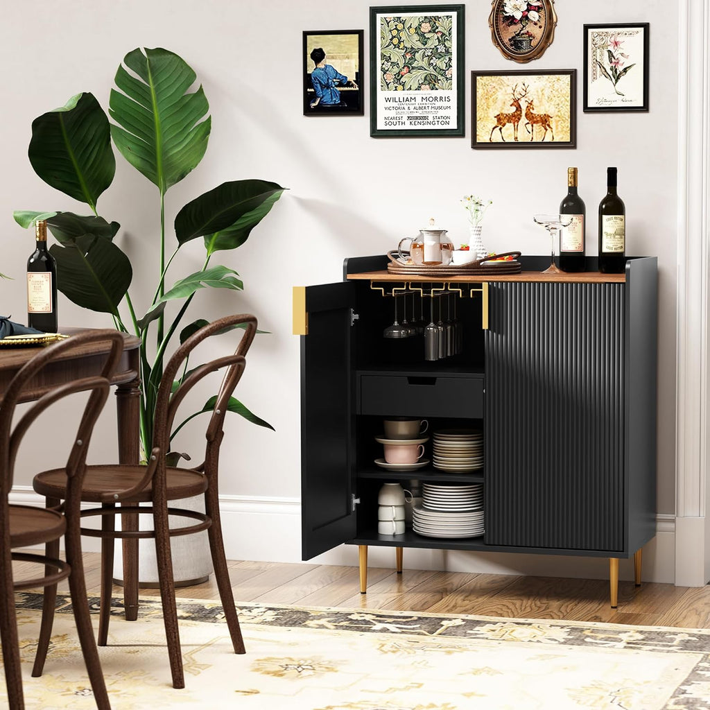 Modern Coffee Bar Cabinet with Fluted Texture, Black | Sideboard Buffet Cabinet with Wine Rack&Drawers, Liquor