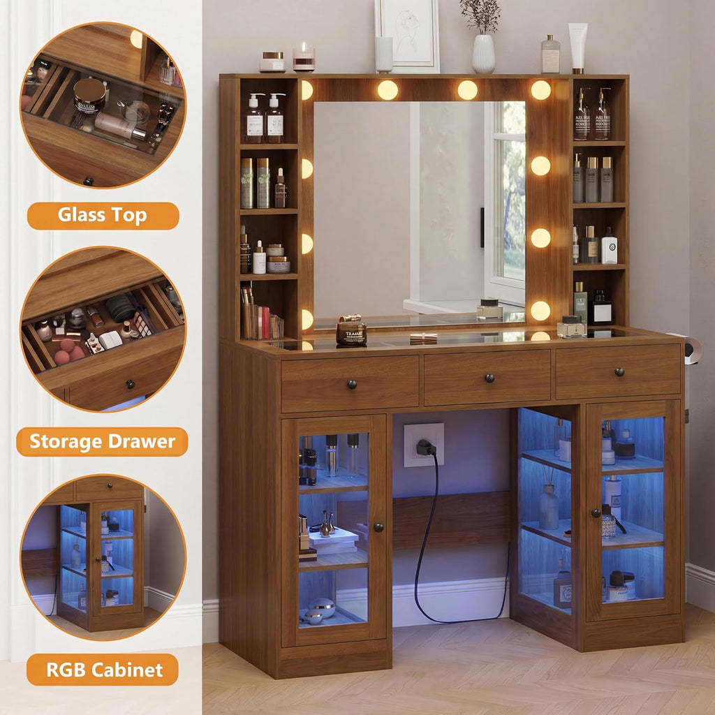 Walnut Vanity Desk with Mirror and Lights, Glass Top Vanity with Lighted Mirror & RGB Glass Cabinet and 3 Drawers
