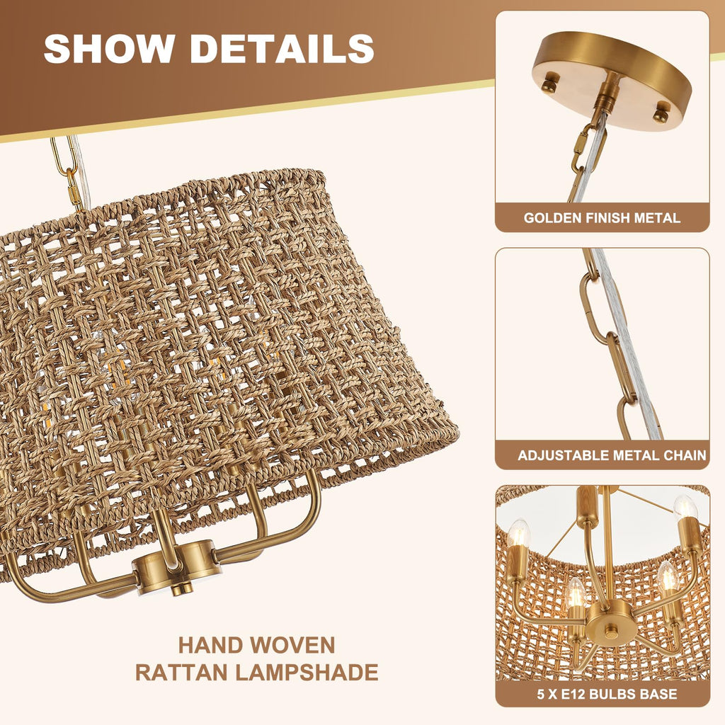 19.7" Boho Rattan Chandelier, 5-Light Gold Wicker Light Fixture