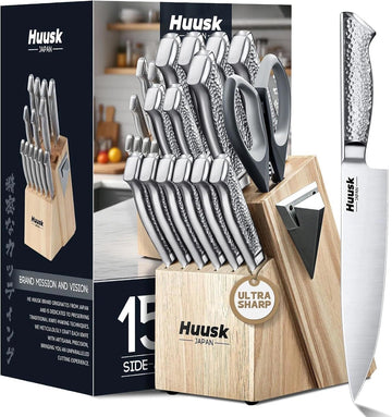 Kitchen Knife Set with Block & Built-in Sharpener - 15pcs | Japanese Stainless Steel Knife Block Set - Sharp