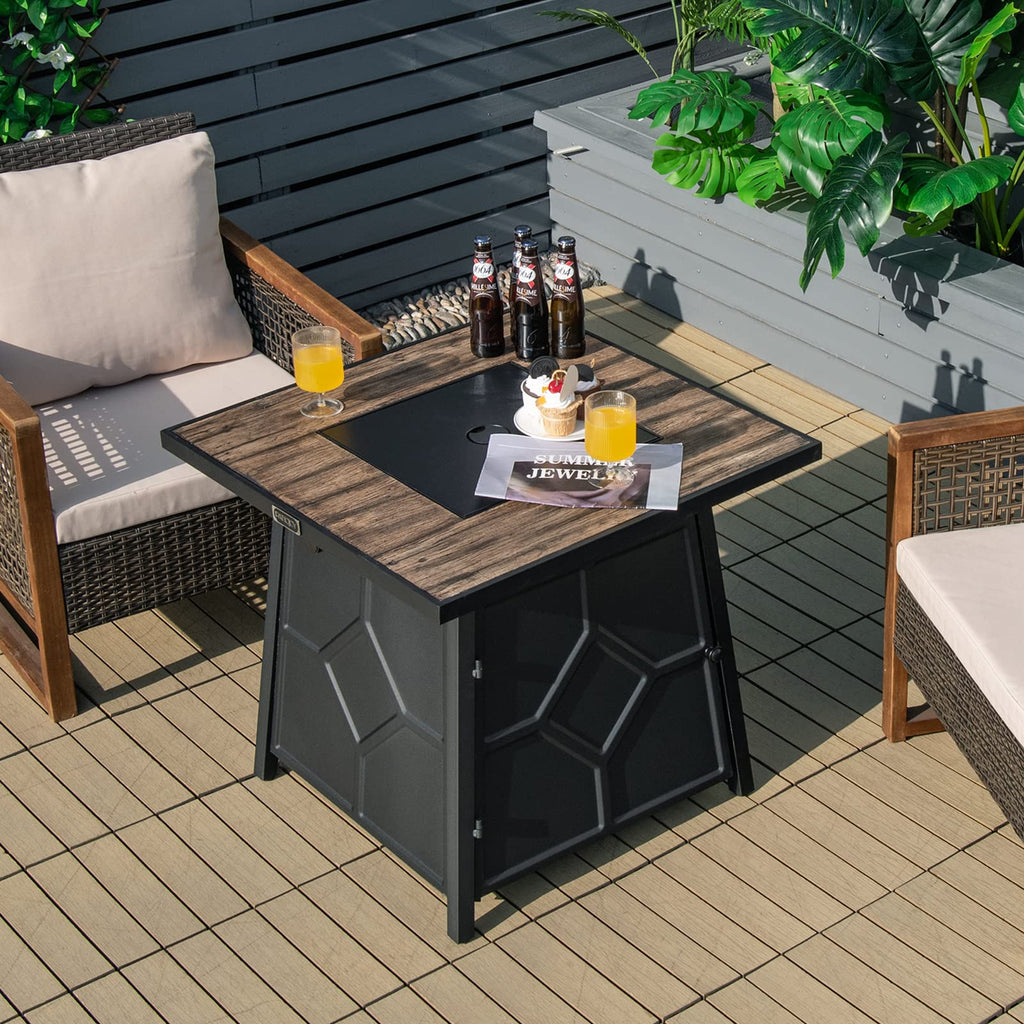 28 Inches Propane Fire Pit Table, 40, 000 BTU Square Fire Table with Lid, Lava Stone, Waterproof Cover and Instant