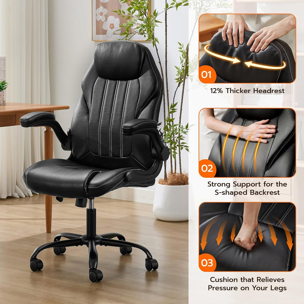 Office Desk Chair, Ergonomic Computer Chair with Padded Flip-Up Arms and Adjustable Lumbar Support, PU Leather