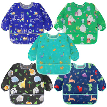 5 Pack Long Sleeve Bibs, Baby Smock Waterproof Sleeved Bib Smock for Baby Toddler 6-24 Months