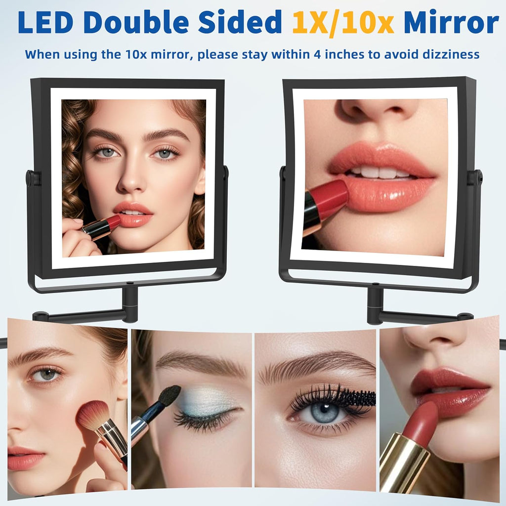 Rechargeable Wall Mounted Makeup Mirror with Lights, Double Sided 1X/10X Magnifying Vanity Mirror with 3 Color
