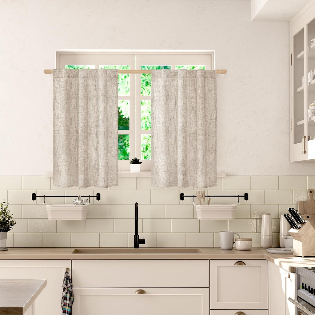 Short Linen Curtains Over Sink, Rod Pocket Textured Window Drapes Light Filtering Semi Sheer Cafe - Set of 2
