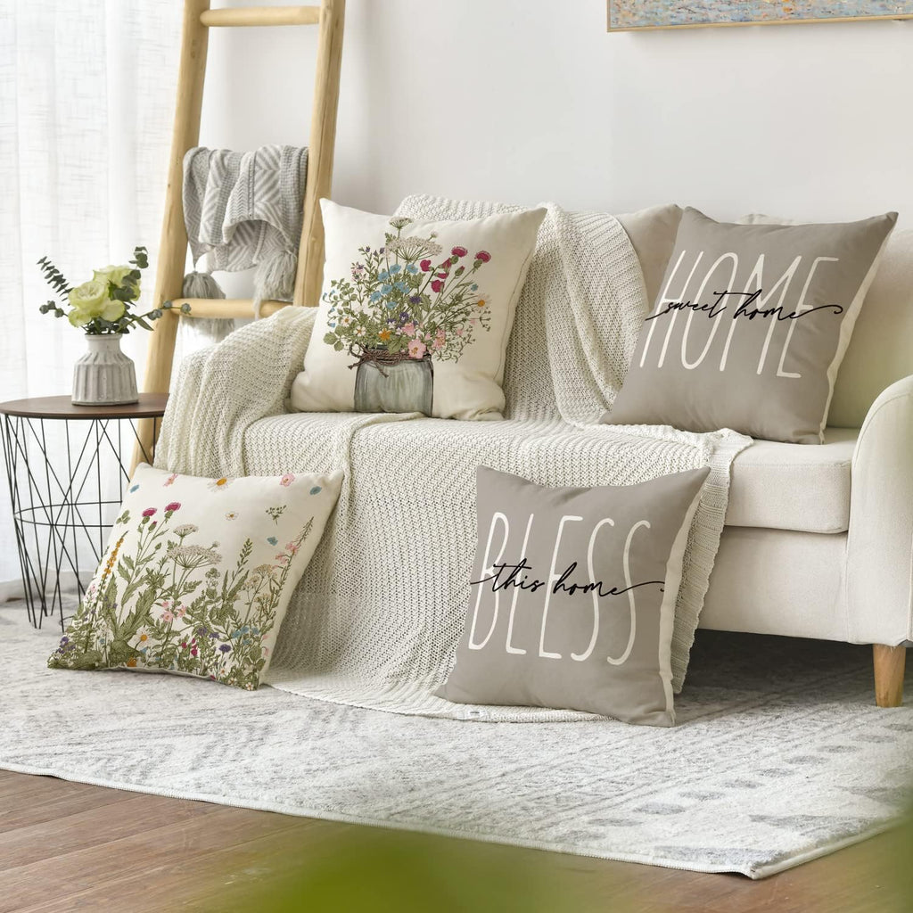 Spring Wildflowers Home Sweet Home Throw Pillow Covers, 18x18 Inch Seasonal Cushion Case Decoration