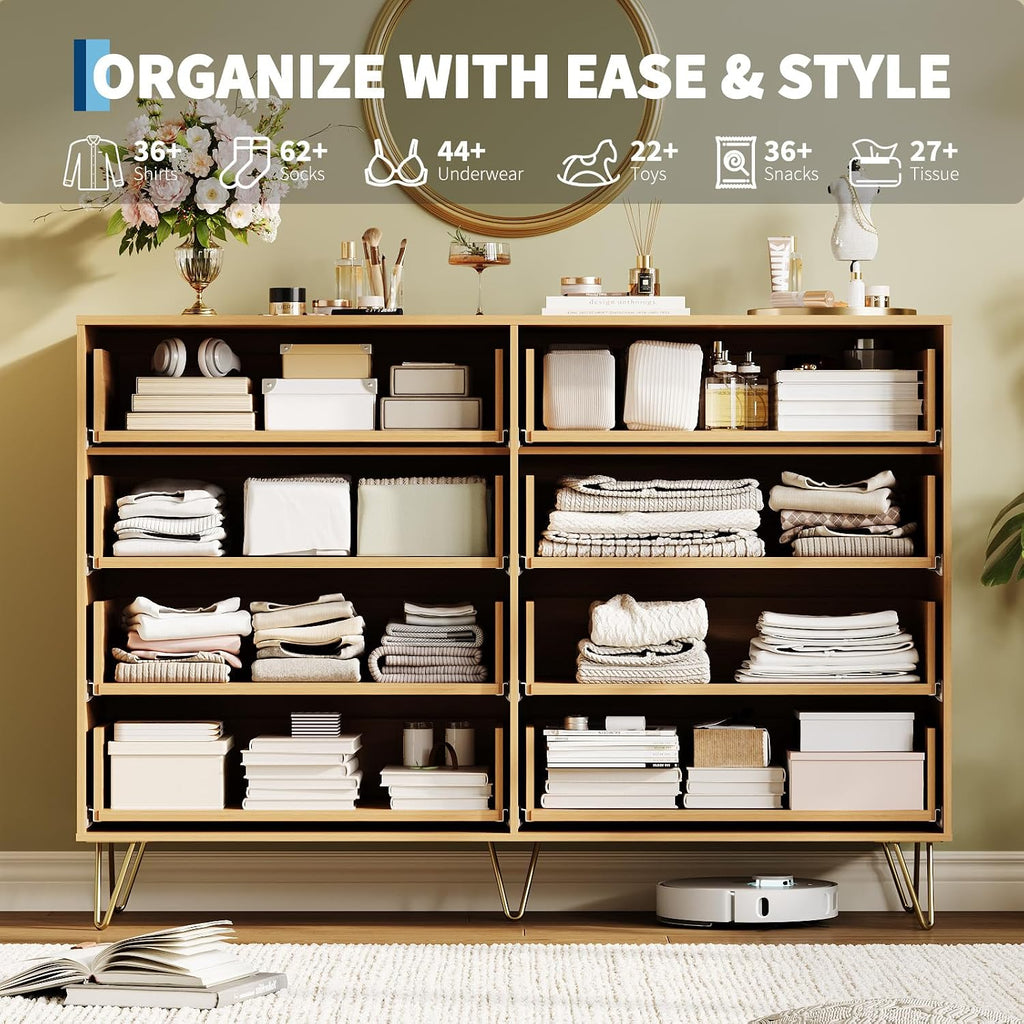 Fluted Dresser with 8 Drawers,55" Wide Modern Chest of Wooden Bedroom Chest with Metal Handle,Clothes Storage
