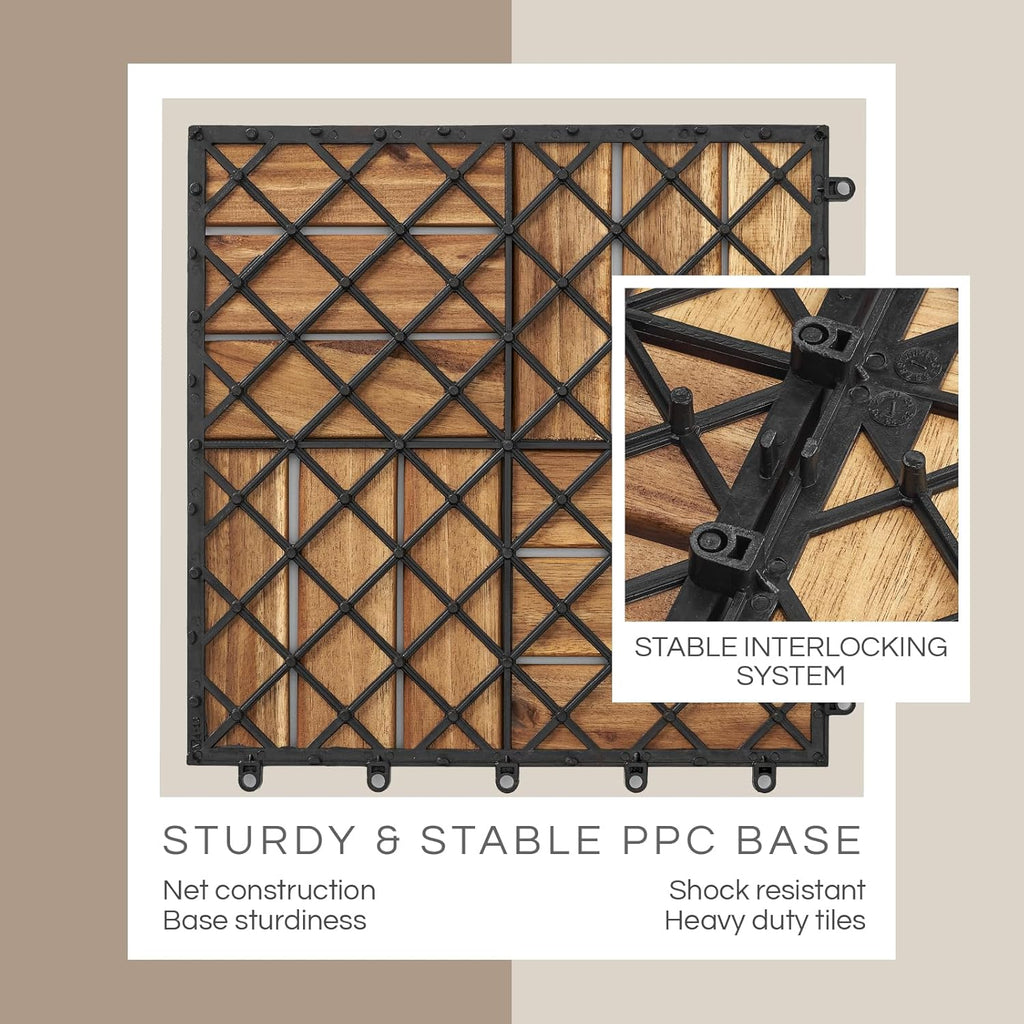 Premium Deck Tiles, Patio Flooring - Set 10 Pcs 12”x12”x0.9” Interlocking Deck Tiles, Waterproof Acacia Wood for