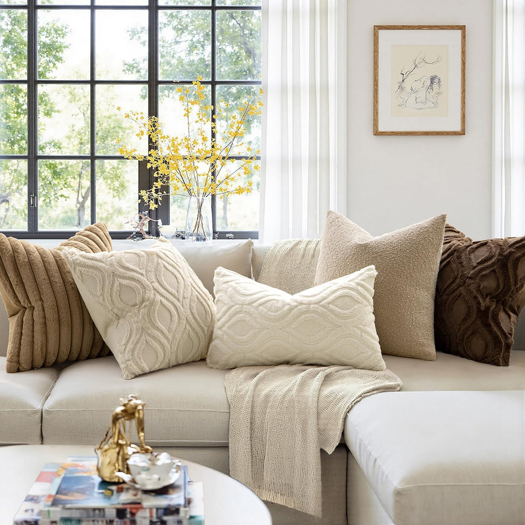 Beige Throw Pillow Covers 18x18 Inch, Neutral Soft Plush Faux Wool Solid Couch Pillows Set of 2, Decorative Farmhouse