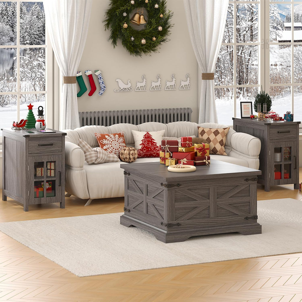 Farmhouse Coffee Table with Storage, Square Center Table, Rustic, Hinged Lift Top Soft Close, Wood
