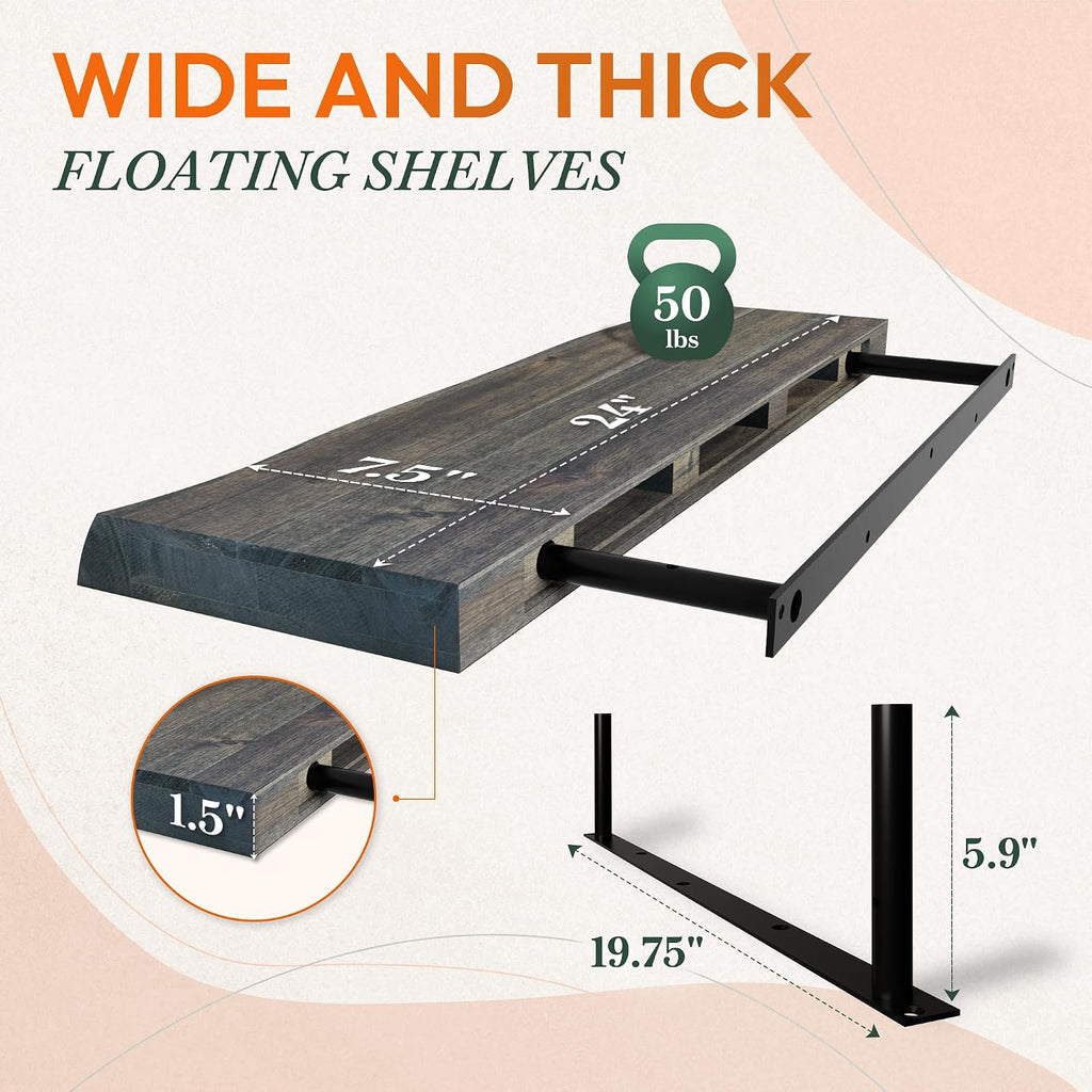 24'' Live Edge Floating Shelves for Wall, Acacia Wood Wall Mounted Shelves with Invisible Brackets, Rustic Wooden