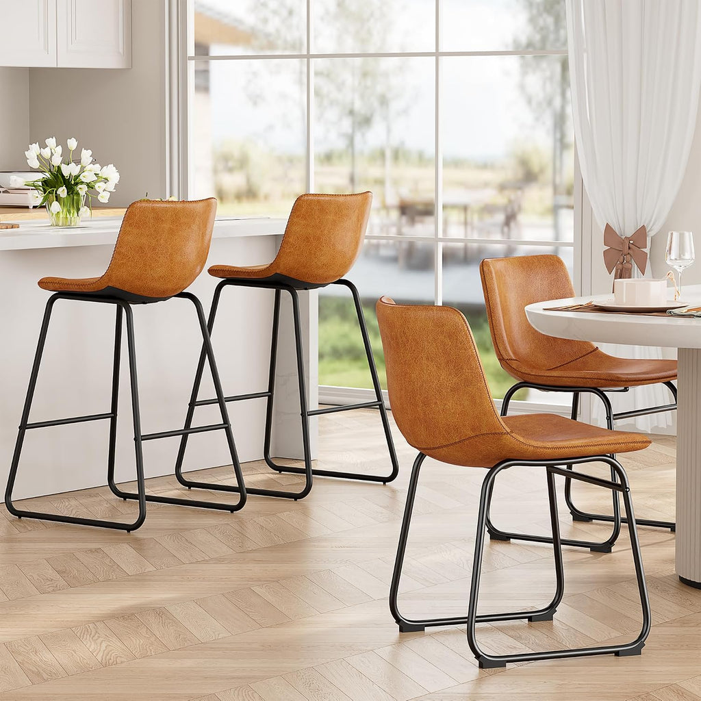 Bar Stools Set of 4, PU Leather Counter Height Bar Stools, 26" Modern Barstools with Metal Legs and Footrest, Urban