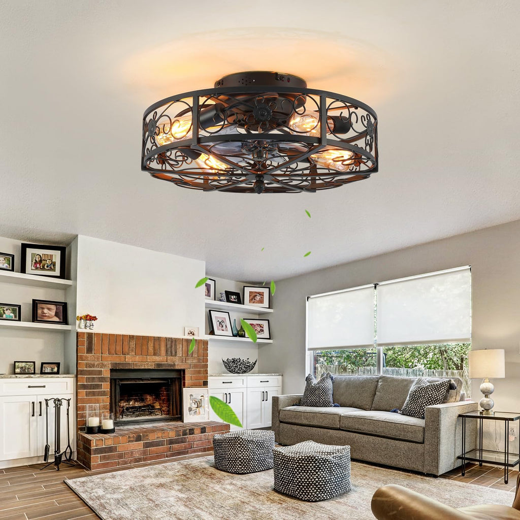 20'' Caged Ceiling Fan with Lights and Remote Control,Small Farmhouse Bladeless Low Profile Ceiling Fans Lights