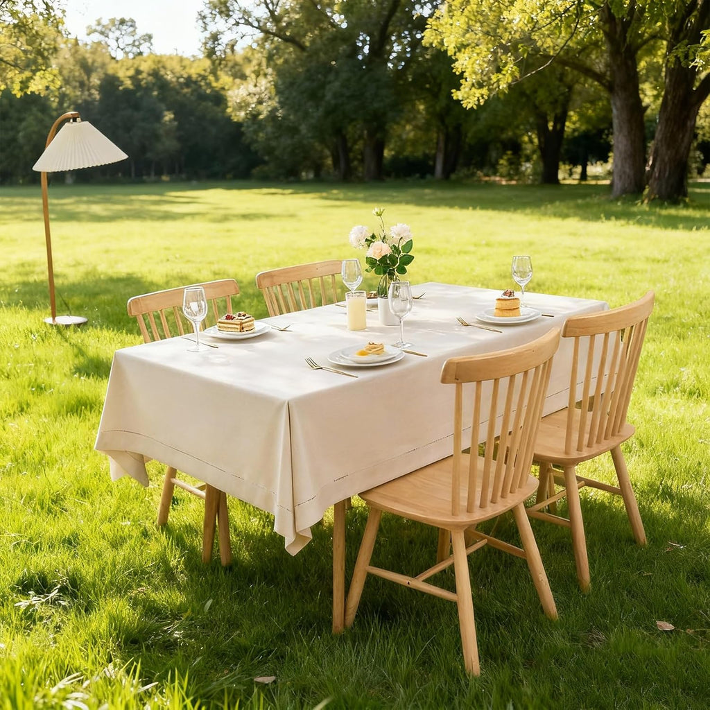 Light Natural Handmade Hemstitch Contemporary Linen Blend Solid Color Tablecloth for Dinner Table, P